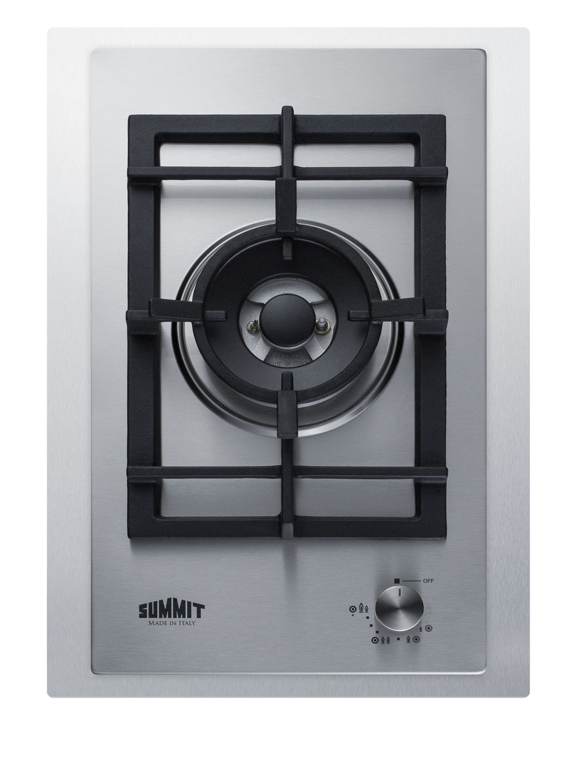 1-burner gas cooktop made in Italy with a sealed dual-burner, cast iron grate, 304 grade stainless steel surface, and stainless steel trim kit to cover 15